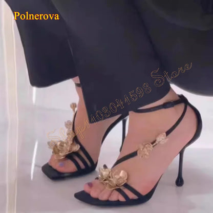 Chaussures plates cuir femme avec talons hauts et fleurs dorées – Mode fête