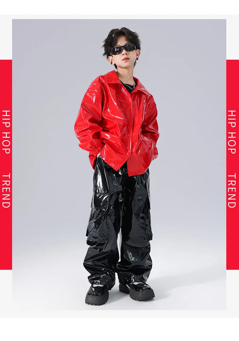 Costume Danse Jazz Garçon Filles, Pantalon Cuir Brillant Rouge, Streetwear Hip Hop Scène .