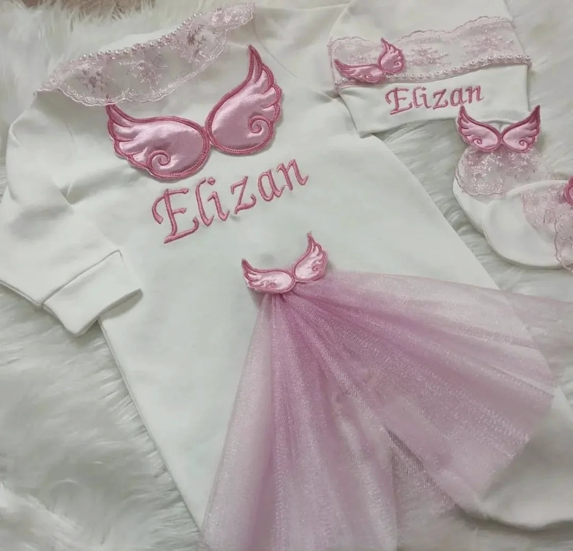 Barboteuse Bébé Jetable avec Nom, Ailes d'Ange, Sortie de Maternité .