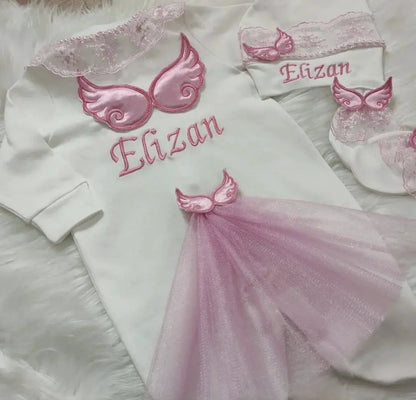 Barboteuse Bébé Jetable avec Nom, Ailes d'Ange, Sortie de Maternité .