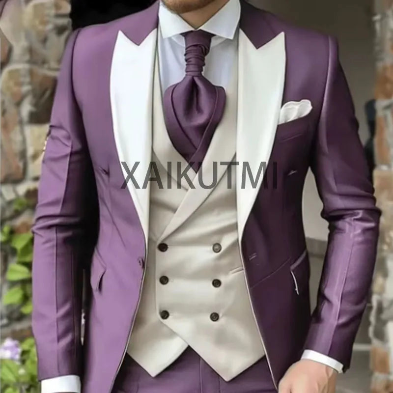 Costume homme 3 pièces violet, élégant, blazer boutonnage simple, mariage luxe .