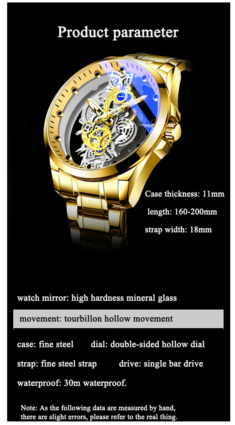 Montre homme quartz squelette doré rétro luxe .