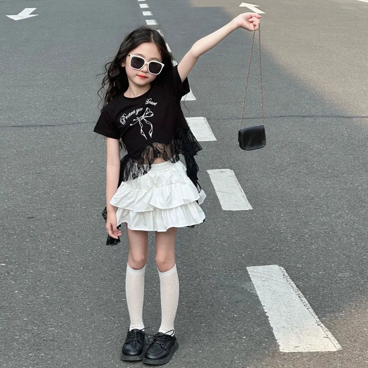 Ensemble été fille 2-10 ans : haut + jupe, costume princesse élégant, nouvelle collection  .