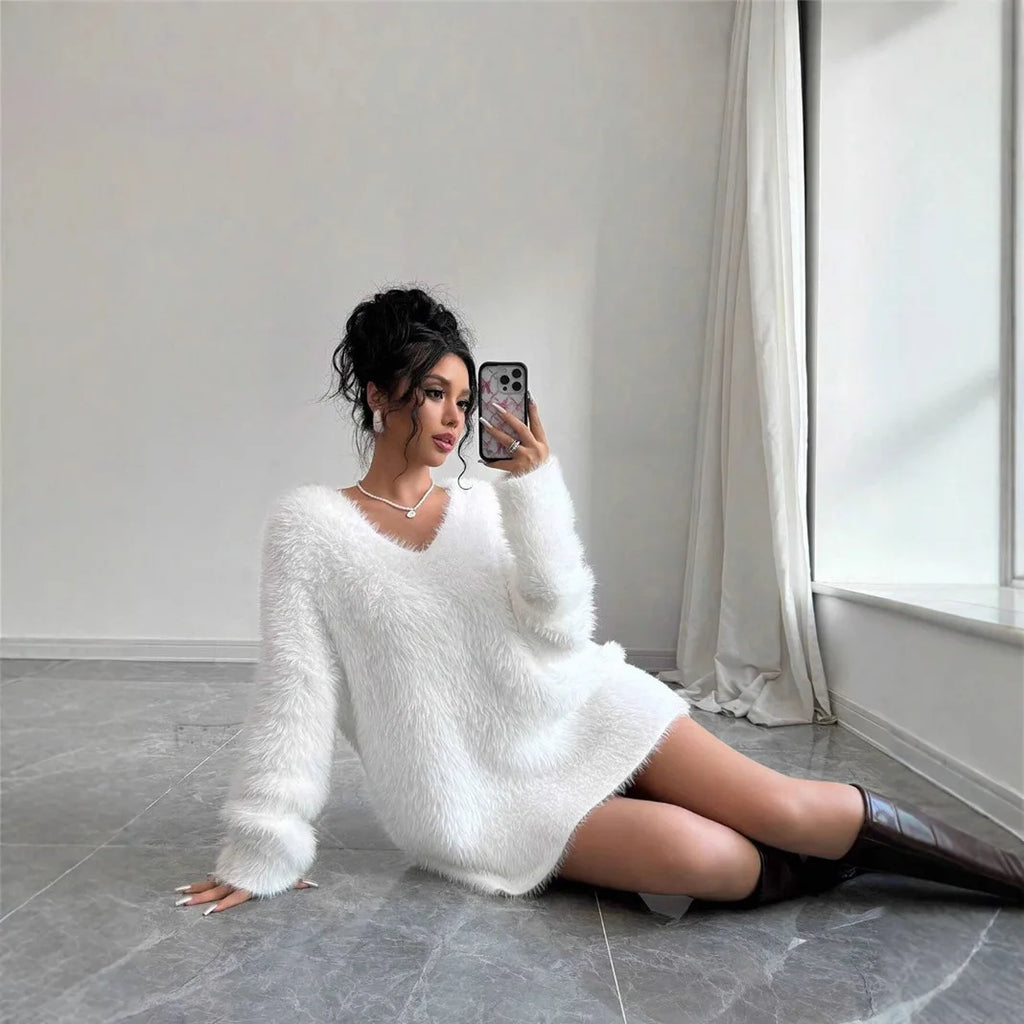 Robe en peluche femme manches longues col rond hiver