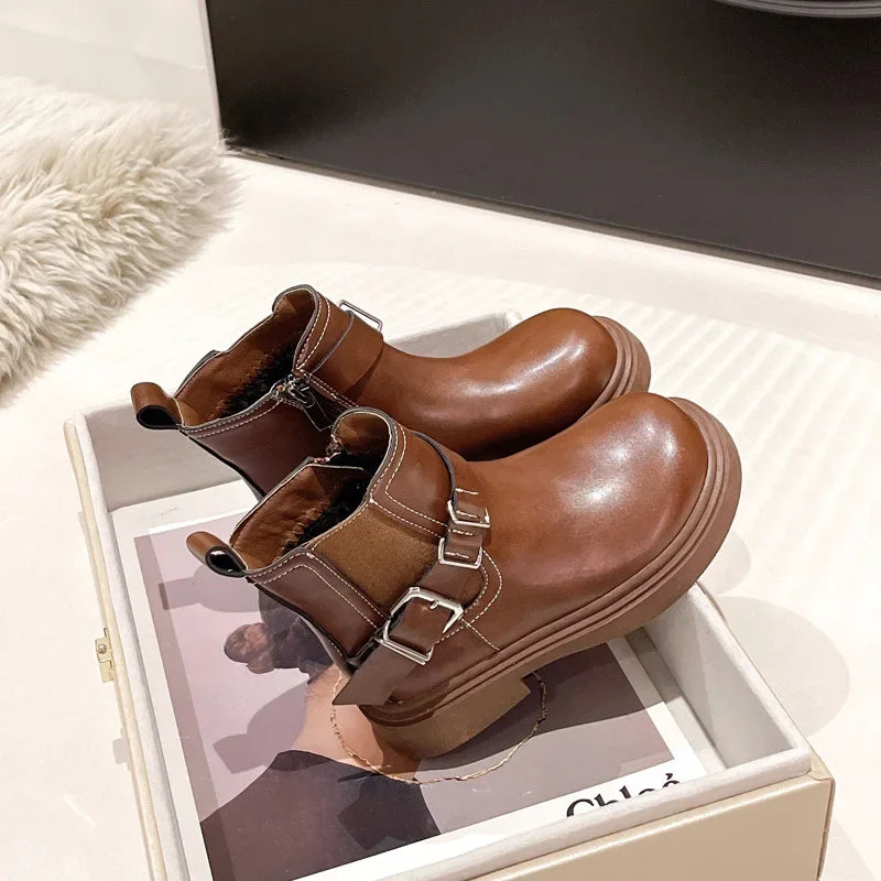 Bottes Courtes Fille – Bottines Basses en Cuir et Coton, Style Britannique Tendance, Chaudes et Confortables Automne Hiver