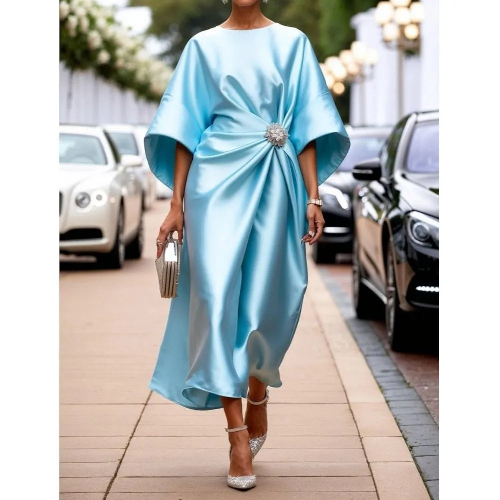 Robe Élégante Décontractée – Satin Perlé, Manches Courtes, Look Banlieue Tendance