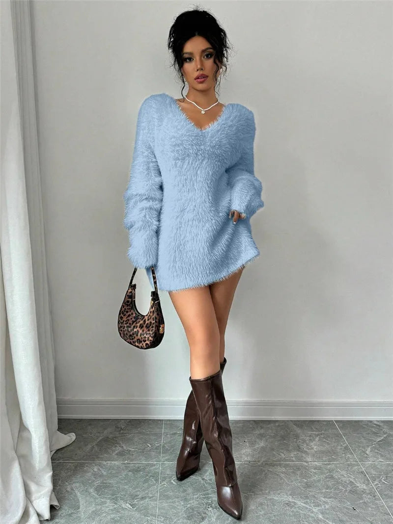 Robe en peluche femme manches longues col rond hiver