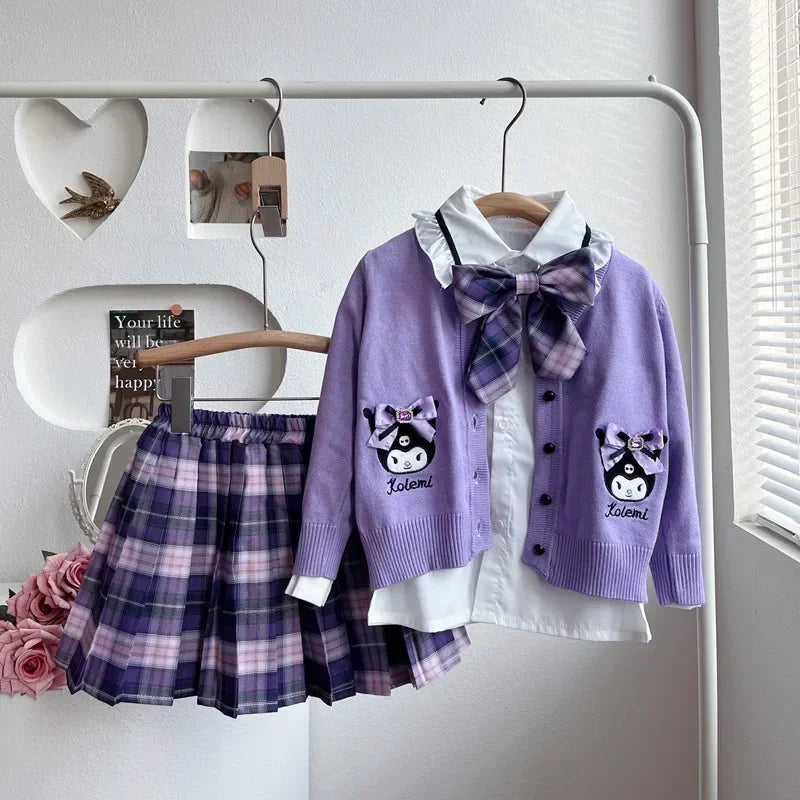 Ensemble cosplay Sanrio Kuromi My Melody 2024, jupe plissée JK, cardigan tricoté style collégial, costume trois pièces pour enfants