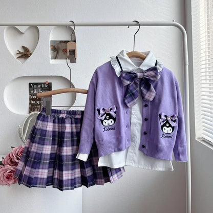 Ensemble cosplay Sanrio Kuromi My Melody 2024, jupe plissée JK, cardigan tricoté style collégial, costume trois pièces pour enfants