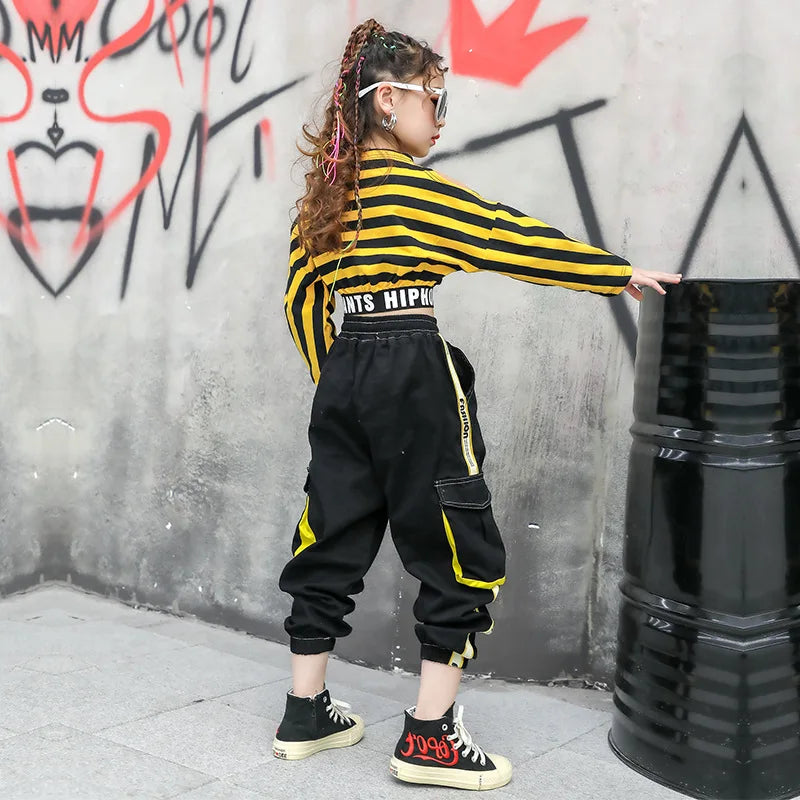 Costume danse jazz fille hip-hop manches longues rayé