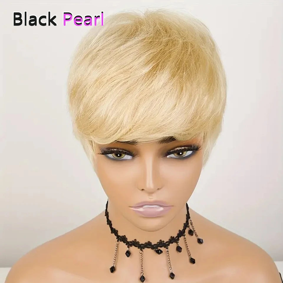 Perruque femme cheveux humains –, courte, raide, frange, Remy, style élégant