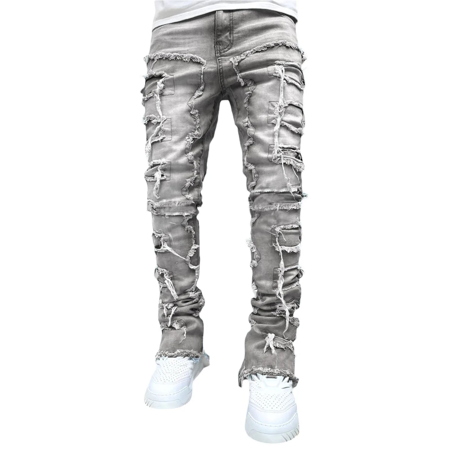 Jean empilé coupe régulière pour hommes, déchiré, Slim Fit, Patch, pantalon en Denim droit détruit, Hip Hop, Streetwear, tissu de pantalon .