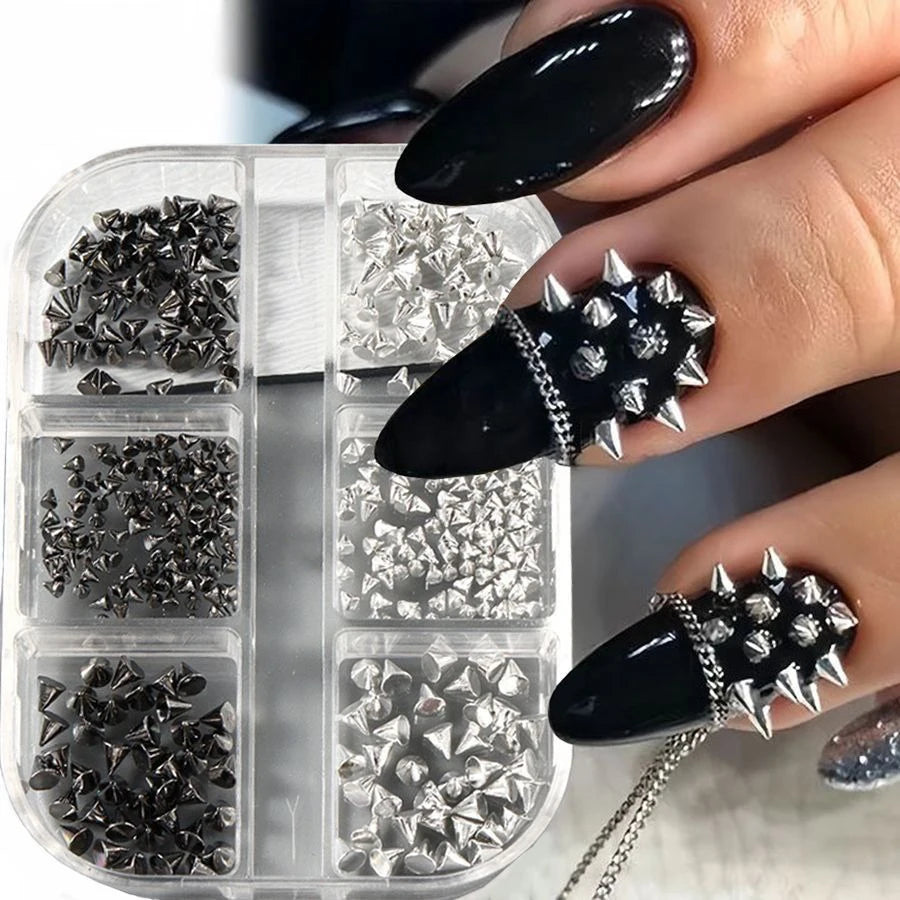 Clous ongles 3D métal – 6 grilles noir & argent, style punk