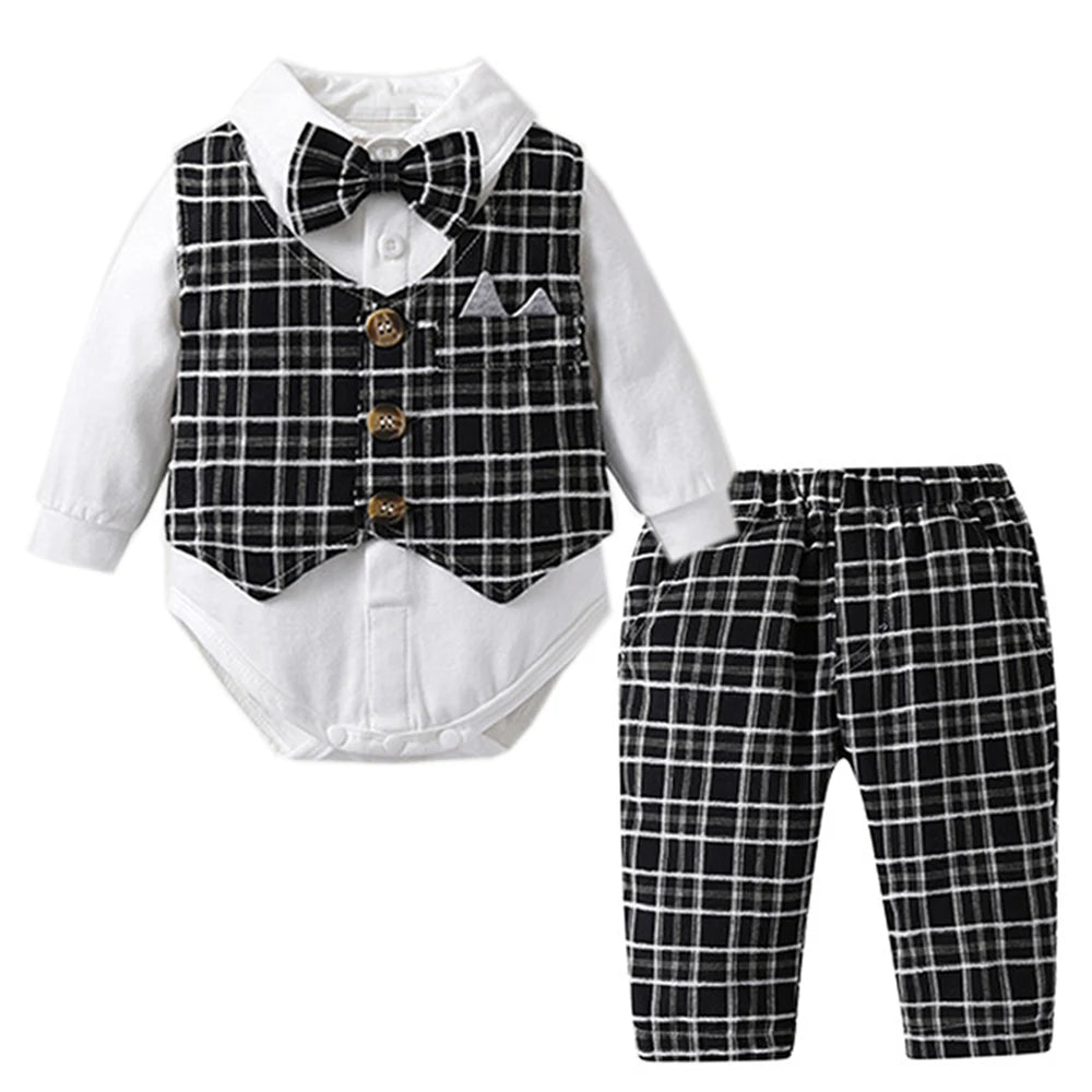 Costume bébé garçon 1er anniversaire – Gilet carreaux, body blanc, pantalon, chapeau, mariage