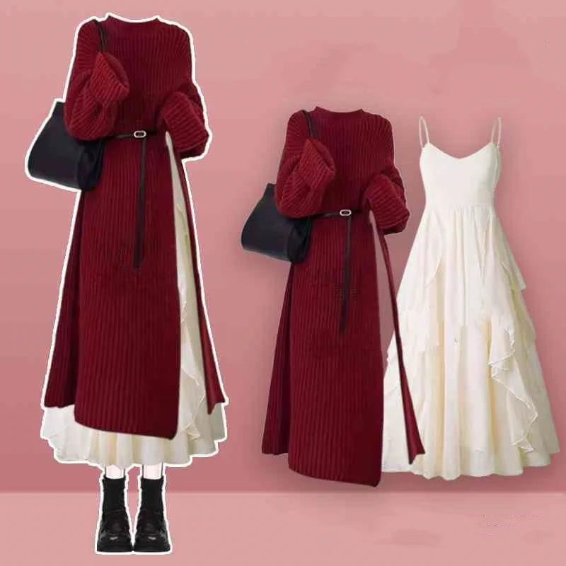 Ensemble femme 2 pièces robe à bretelles et pull fendu