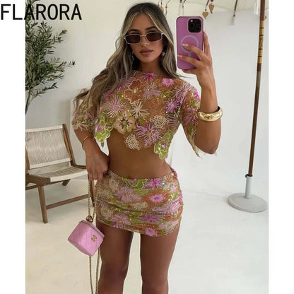 FLARORA Ensemble Femme Luxe 2 Pièces, Broderie & Paillettes, Haut Court & Jupe,
