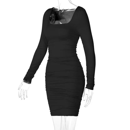 Robe moulante femme – mini, col carré, manches longues, unie, sexy soirée/club