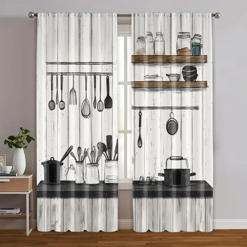 2 pièces rideaux cuisine, tissu imprimé 2D lavable en machine, sans tige, déco maison