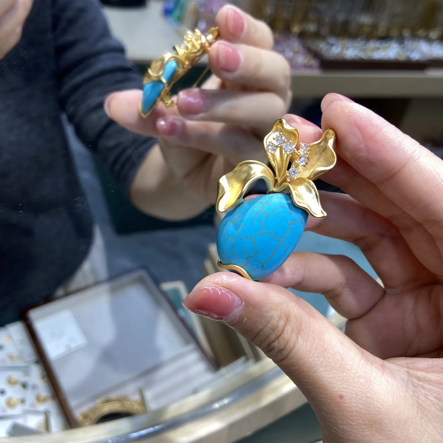 Collier vintage en cuivre turquoise pour femme – Broche en or et fleur tridimensionnelle