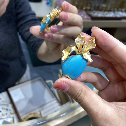 Collier vintage en cuivre turquoise pour femme – Broche en or et fleur tridimensionnelle