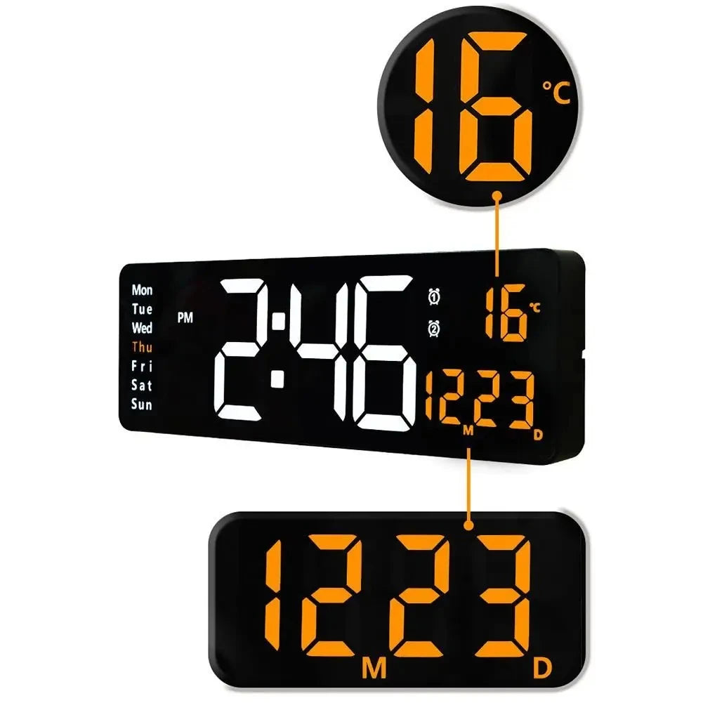 Horloge murale LED grande - télécommande, double alarme, température