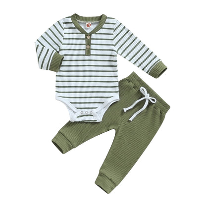 Ensemble bébé garçon automne – barboteuse rayée manches longues + pantalon