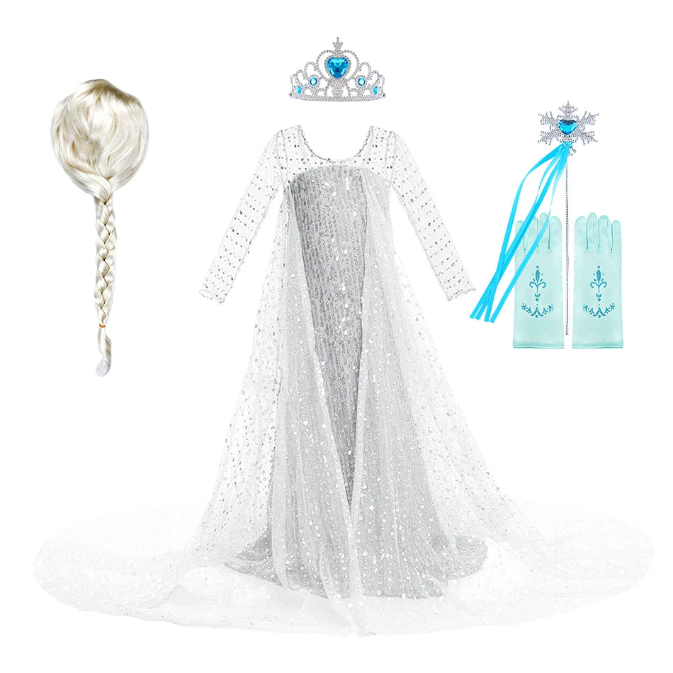 Robe princesse fille – Paillettes, Elsa cosplay, robe blanche, Noël, carnaval