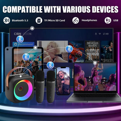 Mini machine karaoké Bluetooth enfants K12, portable avec 2 micros sans fil.