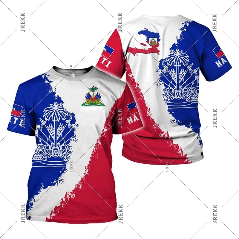 T-shirt streetwear unisexe – Imprimé rouge bleu, col rond, manches courtes