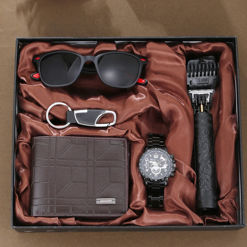 Coffret homme élégant – Montre, accessoires : portefeuille, ceinture, lunettes, porte-clés, tondeuse, cadeau luxe