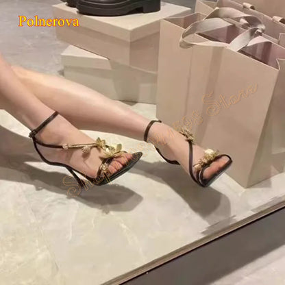 Chaussures plates cuir femme avec talons hauts et fleurs dorées – Mode fête