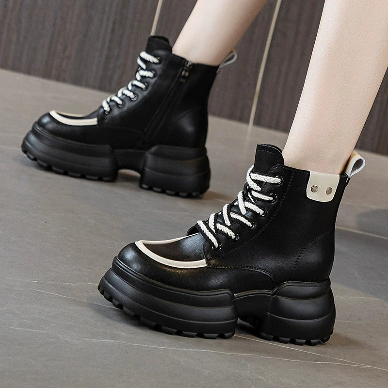 WOIZGIC bottines femmes en cuir véritable, style britannique à lacets, fourrure chaude automne/hiver, chaussures montantes confortables