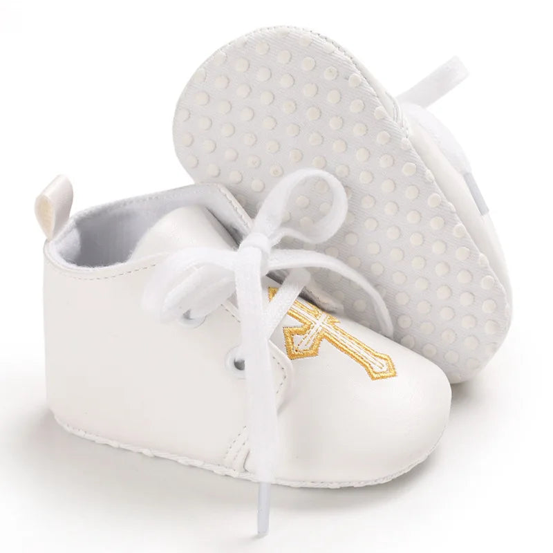 Chaussures bébé baptême – Blancs, semelle croisée, premiers pas, garçon et fille