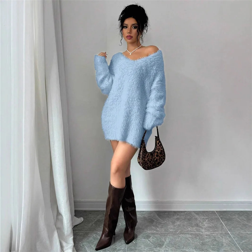 Robe en peluche femme manches longues col rond hiver