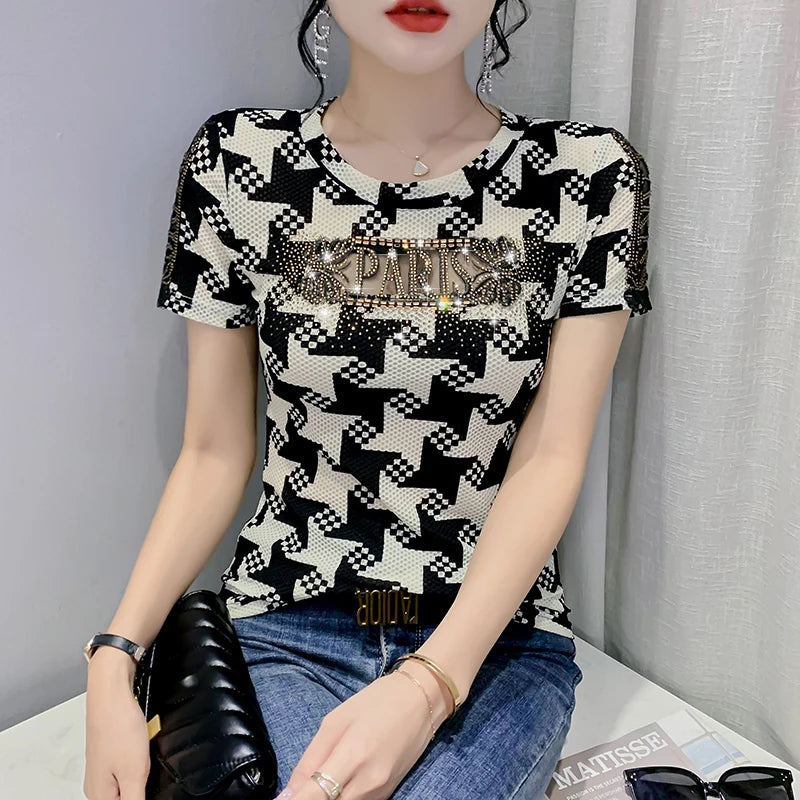 T-shirt Femme Manches Courtes Transparent – Slim décontracté, Impression Diamants, Design BrCorporelle , Multi Distribution, Style Tendance