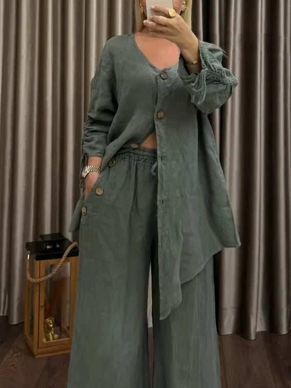Ensemble Femme 2 Pièces – Cardigan Col V à Boutons & Pantalon Large, Style Décontracté Chic