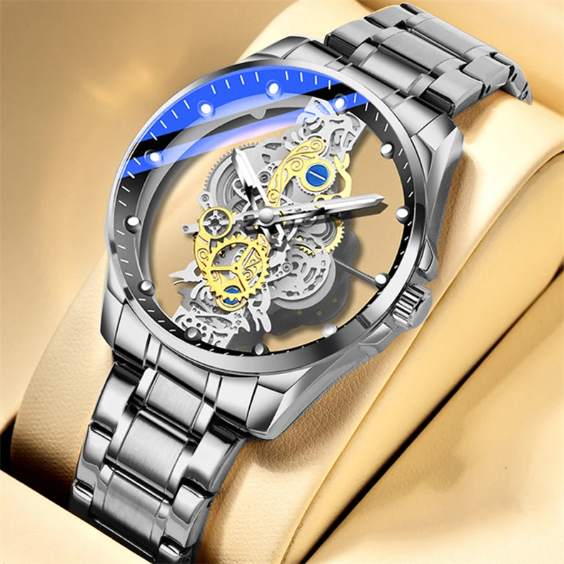 Montre homme quartz squelette doré rétro luxe .