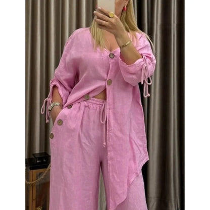 Ensemble Femme 2 Pièces – Cardigan Col V à Boutons & Pantalon Large, Style Décontracté Chic