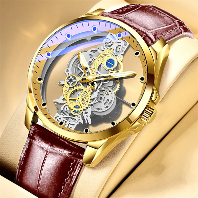 Montre homme quartz squelette doré rétro luxe .
