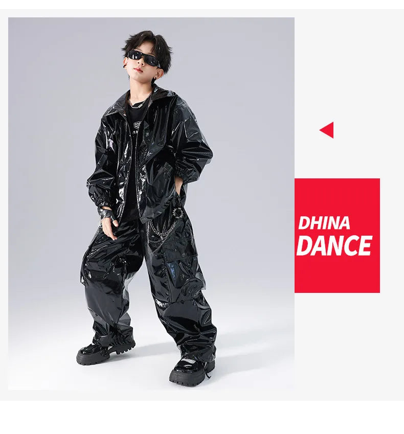Costume Danse Jazz Garçon Filles, Pantalon Cuir Brillant Rouge, Streetwear Hip Hop Scène .