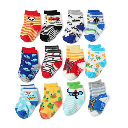 Chaussettes coton enfant/bébé – antidérapantes, respirantes, dessins animés (lot 1‑12 paires)