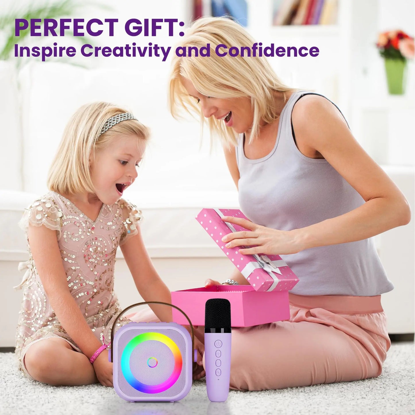 Mini machine karaoké Bluetooth enfants K12, portable avec 2 micros sans fil.