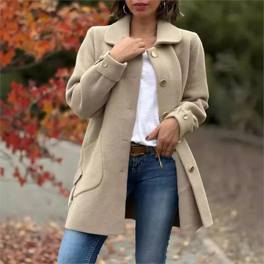 Veste Femme Automne-Hiver – Pardessus Décontracté à Revers, Couleur Unie avec Poches Chic
