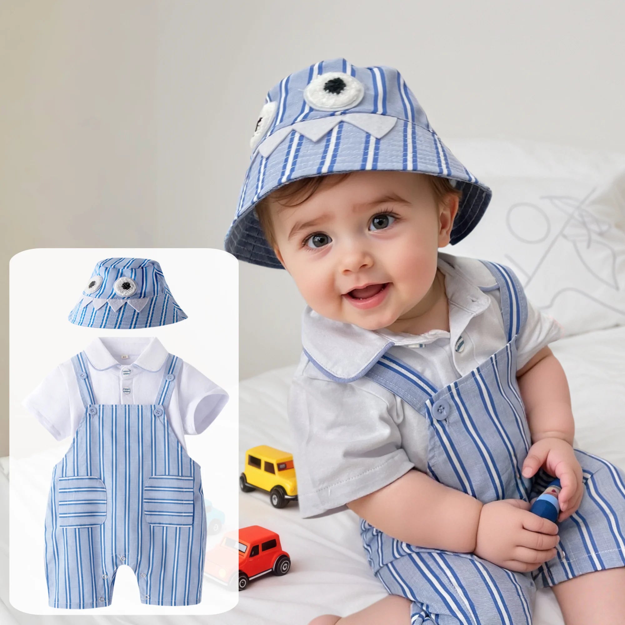 Vêtements bébé été – Ensemble 3 pièces rayé, coton doux, salopette, tenue mignonne, garçon et fille