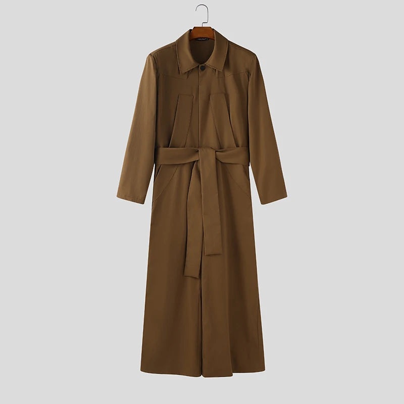 Salopette homme INCERUN  couleur unie à manches longues revers, jambe large – Combinaison ample streetwear décontracté S-5XL