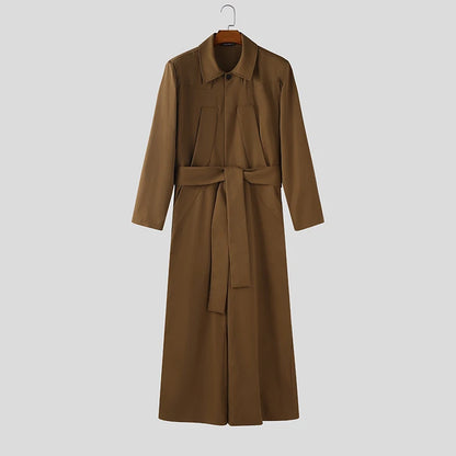 Salopette homme INCERUN  couleur unie à manches longues revers, jambe large – Combinaison ample streetwear décontracté S-5XL