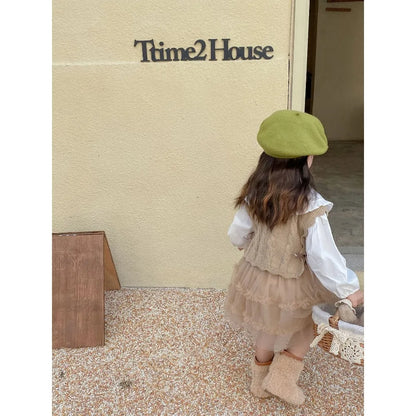 Gilet tricoté fille – sans manches, mode printemps/automne, 1‑7 ans