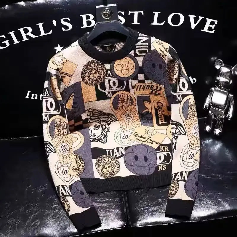 Pull Imprimé Homme Col Rond – Manches Longues, Rétro décontracté, Style Vintage, Haute Qualité, Automne Hiver