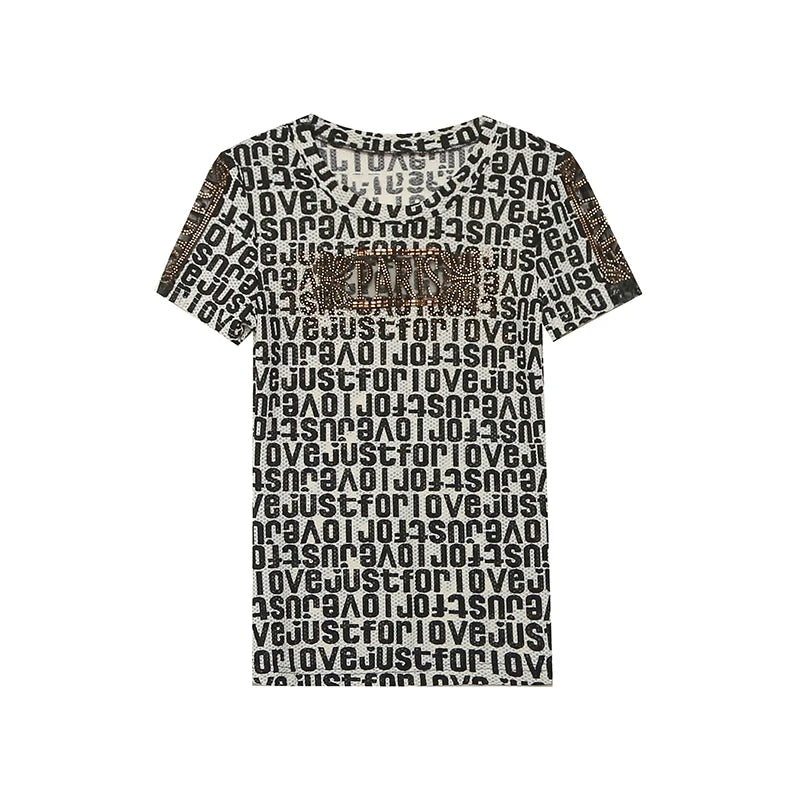 T-shirt Femme Manches Courtes Transparent – Slim décontracté, Impression Diamants, Design BrCorporelle , Multi Distribution, Style Tendance