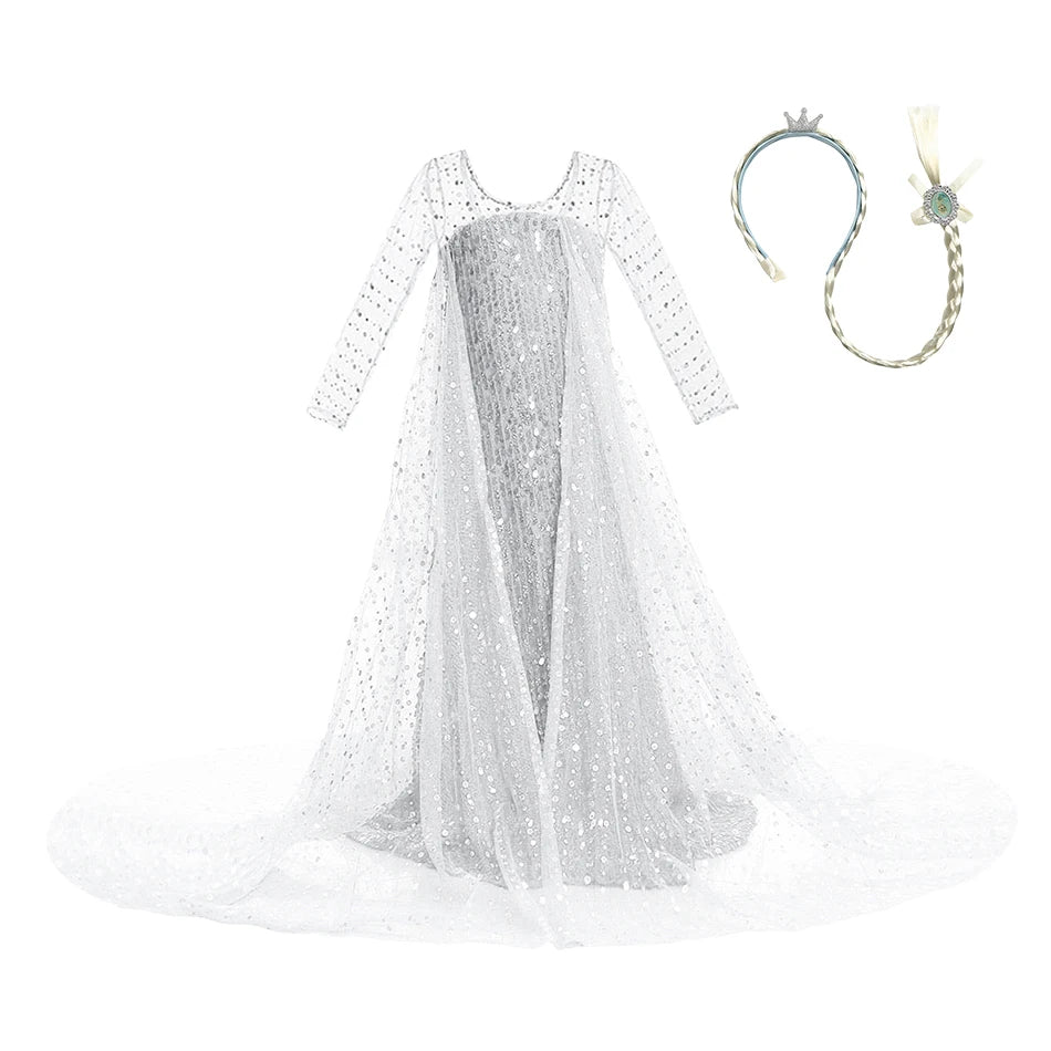Robe princesse fille – Paillettes, Elsa cosplay, robe blanche, Noël, carnaval